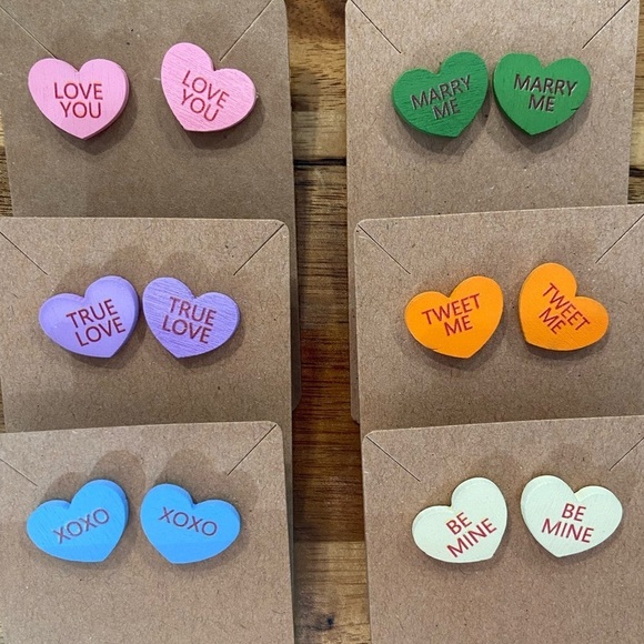 Valentine's Day Yellow Confetti Wood Conversation Heart Earrings 1 Set Hand Made - Picture 2 of 8